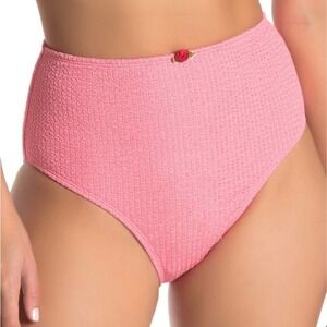 Betsey Johnson Pink Ribbed Scrunch Knit High Waisted Rosette Bikini Bottom